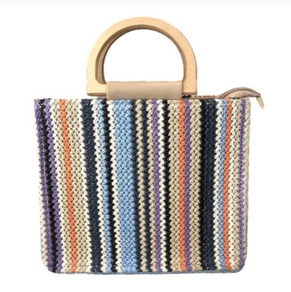 Haute Hippie Multicolor Striped Knit Tote with Wooden Handle And Gold Chain